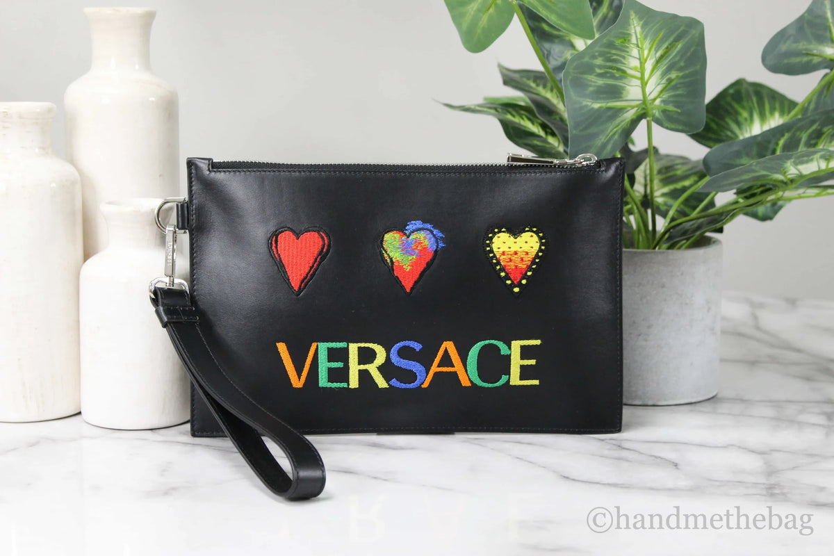 Versace Leather Embroidered Heart Patch Clutch