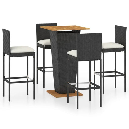 5 Piece Patio Bar Set with Cushions Poly Rattan Black