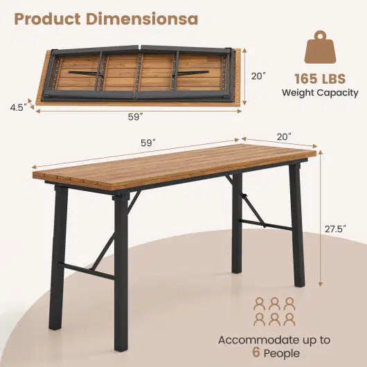Folding Picnic Table Acacia Wood Dining Table with Metal Frame for Indoor Outdoor Activities - Size: 51-60 Inch
