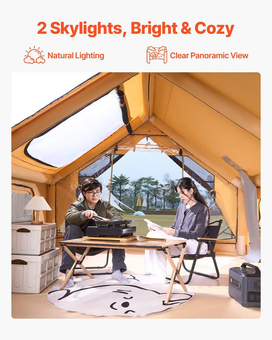 Inflatable Tents for Camping, 5-8 Person Easy Setup Blow up Tent with Hand Pump, Luxury Glamping Tent with 2 Skylights, Canopy, Stove Jack 2 Doors & Mesh Windows (Storage Bag Included)