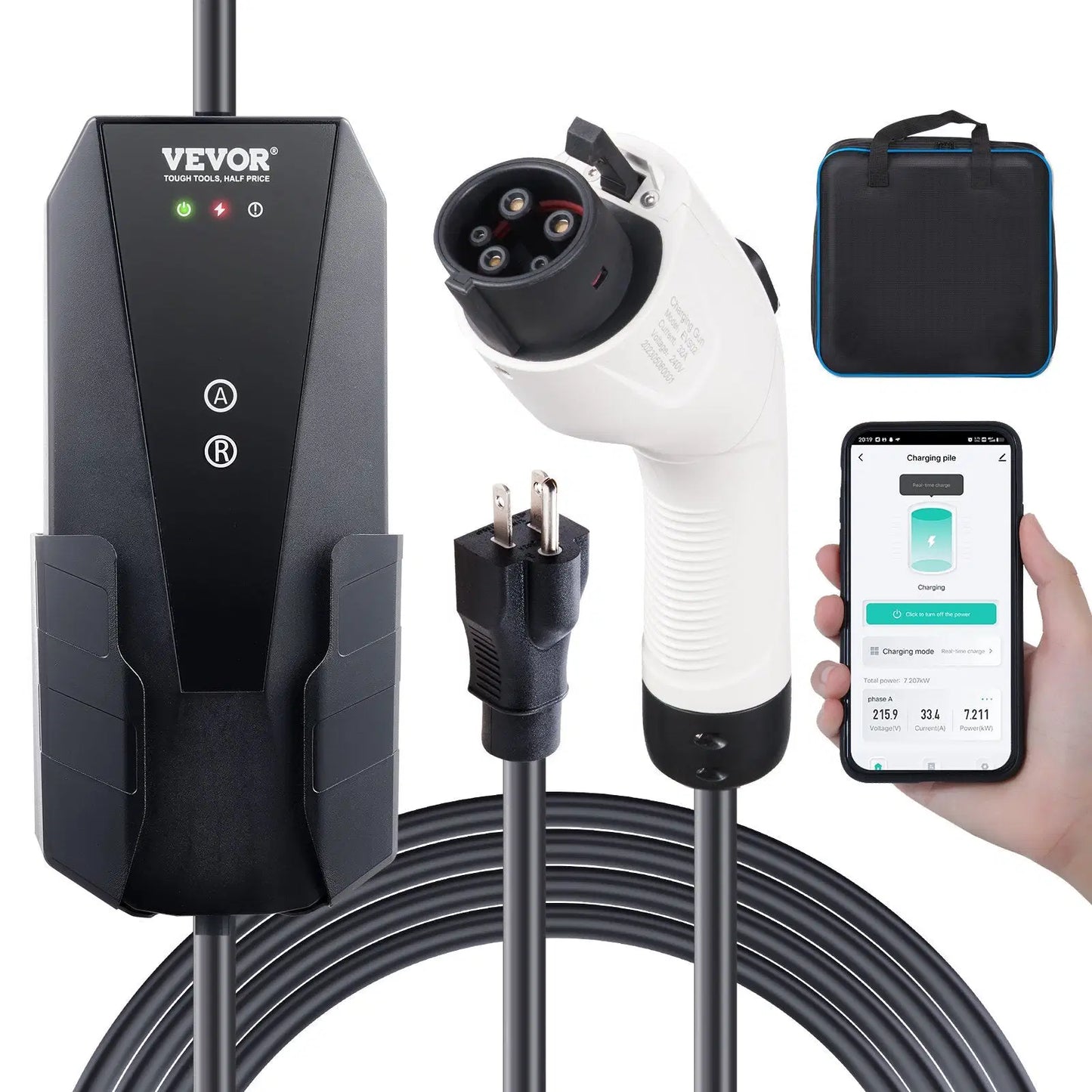Level 1+2 Portable EV Charger, 16 Amp 120V or 240V, Electric Vehicle Charger with 28-Foot Charging Cable NEMA 6-20P Plug NEMA 5-15 Adapter, Plug-in Home EV Charging Station for SAE J1772 EVs