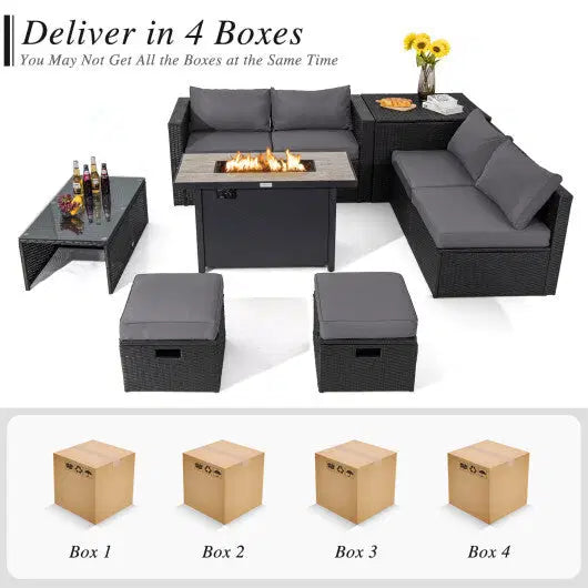 9 Pieces Outdoor PE Rattan Wicker Sectional Sofa with 42 Inch 60 000 BTU Gas Fire Pit Table-Gray - Color: Gray