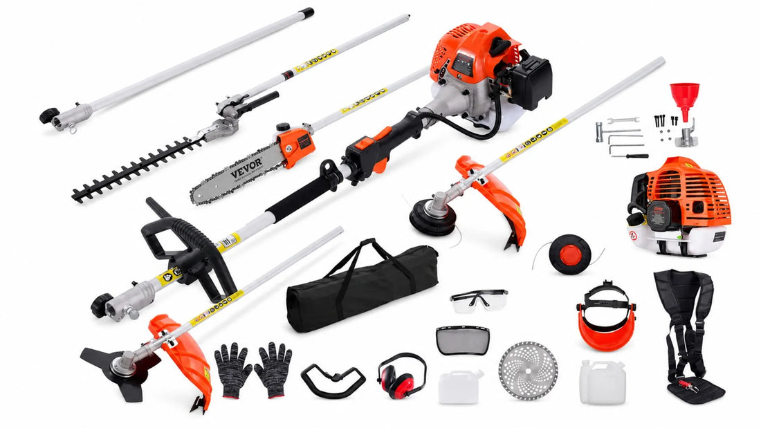 Garden tools and multi-purpose landscaping equipment set with trimmer, hedge cutter, chainsaw, accessories, and safety gear.