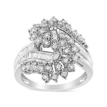 10K White Gold 1/2 Cttw Round and Baguette-Cut "S" Shaped Bypass Cocktail Ring (I-J Color, I1-I2 Clarity) - Size 6