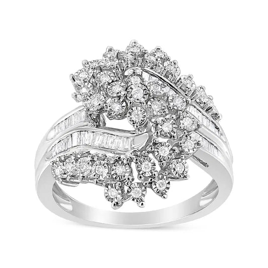 10K White Gold 1/2 Cttw Round and Baguette-Cut "S" Shaped Bypass Cocktail Ring (I-J Color, I1-I2 Clarity) - Size 6