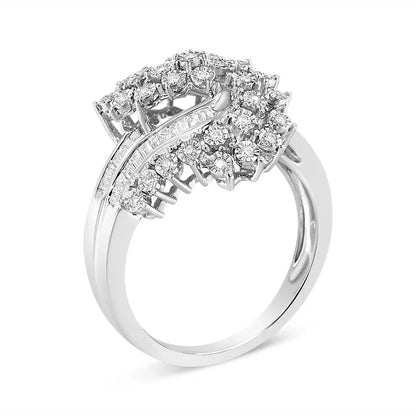 10K White Gold 1/2 Cttw Round and Baguette-Cut "S" Shaped Bypass Cocktail Ring (I-J Color, I1-I2 Clarity) - Size 6