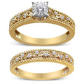 14K Yellow Gold Plated .925 Sterling Silver 1/5 Cttw Diamond Art Deco Style Engagement Ring Bridal Set (I-J Color, I3 Clarity) - Ring Size 5