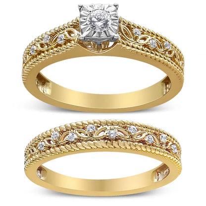 14K Yellow Gold Plated .925 Sterling Silver 1/5 Cttw Diamond Art Deco Style Engagement Ring Bridal Set (I-J Color, I3 Clarity) - Ring Size 5