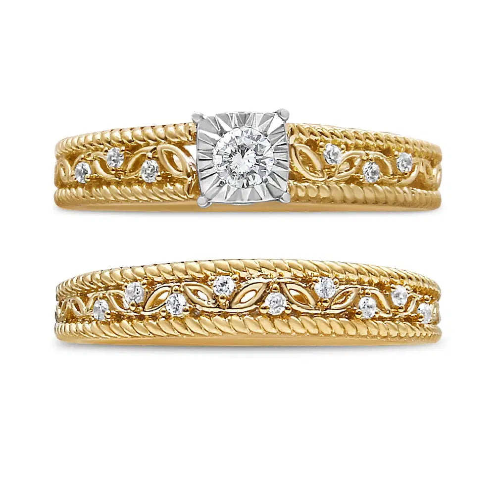 14K Yellow Gold Plated .925 Sterling Silver 1/5 Cttw Diamond Art Deco Style Engagement Ring Bridal Set (I-J Color, I3 Clarity) - Ring Size 5