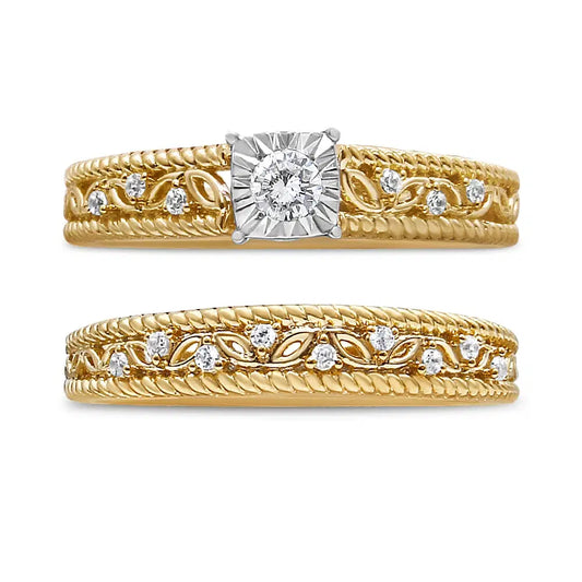 14K Yellow Gold Plated .925 Sterling Silver 1/5 Cttw Diamond Art Deco Style Engagement Ring Bridal Set (I-J Color, I3 Clarity) - Ring Size 5