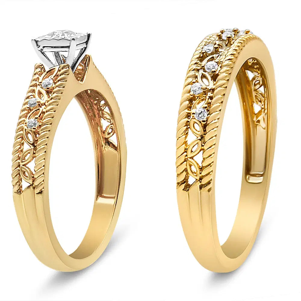14K Yellow Gold Plated .925 Sterling Silver 1/5 Cttw Diamond Art Deco Style Engagement Ring Bridal Set (I-J Color, I3 Clarity) - Ring Size 5