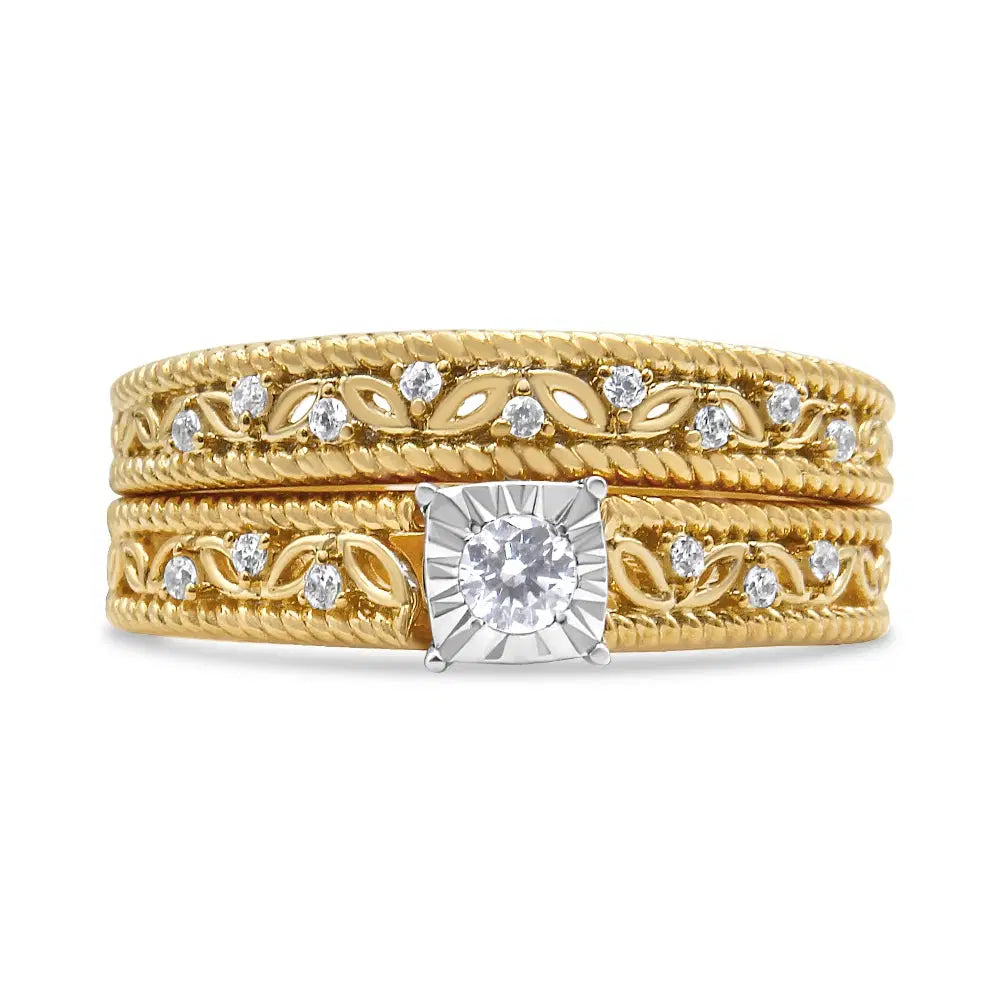 14K Yellow Gold Plated .925 Sterling Silver 1/5 Cttw Diamond Art Deco Style Engagement Ring Bridal Set (I-J Color, I3 Clarity) - Ring Size 5