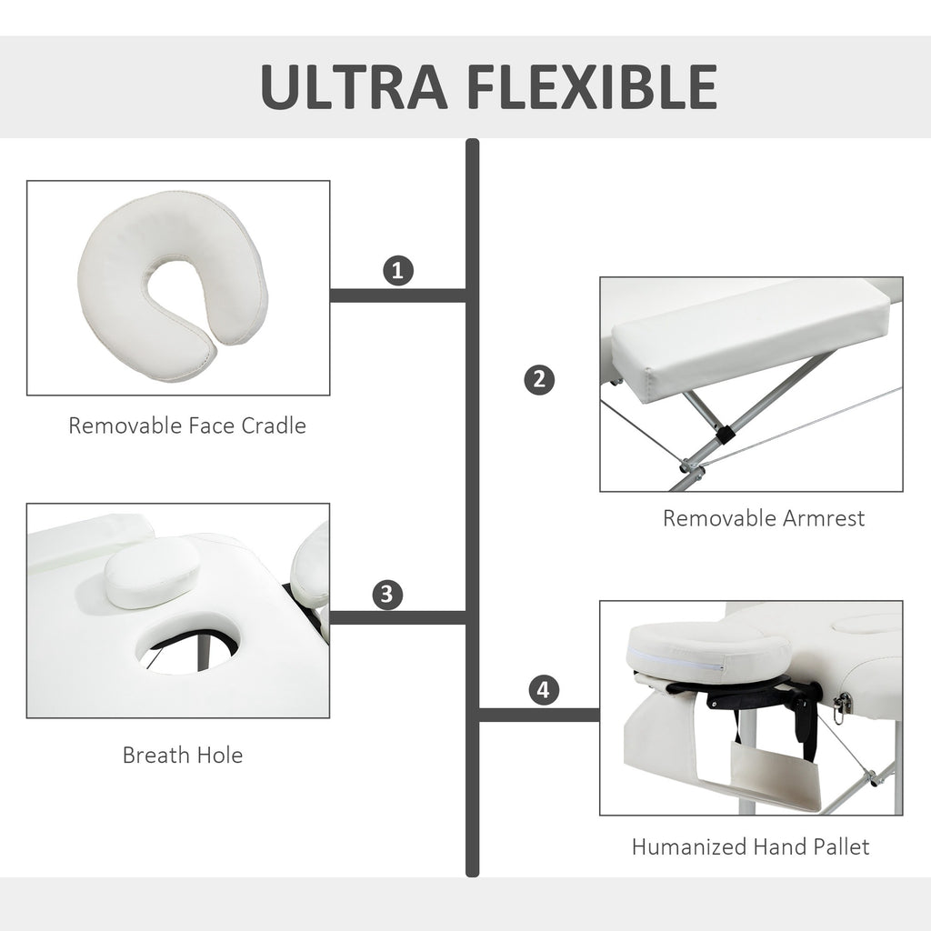 Foldable Massage Bed Portable Table, 3-Section Aluminium Foldable Beauty Couch, Professional Salon Spa Table With Headrest Support And Carry Bag, 81 Cm Width, White