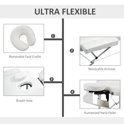 Foldable Massage Bed Portable Table, 3-Section Aluminium Foldable Beauty Couch, Professional Salon Spa Table With Headrest Support And Carry Bag, 81 Cm Width, White