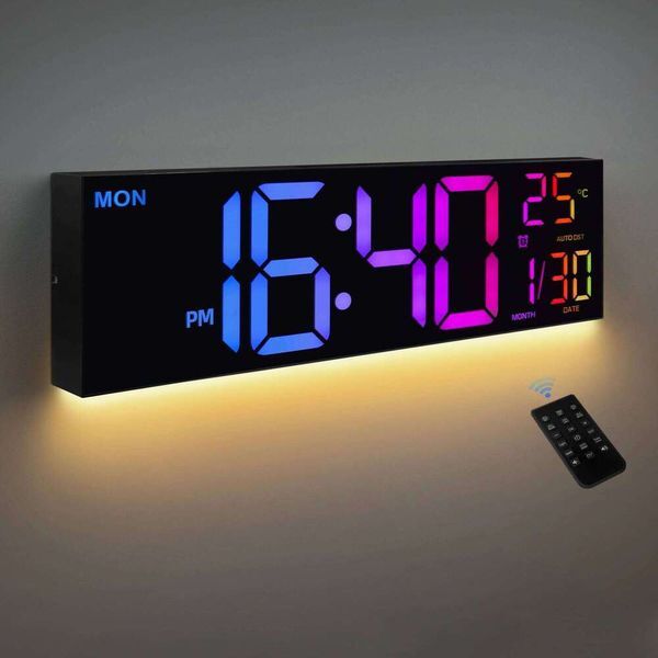 16" Large Digital Wall Clock, Big LED Display with Remote, 8 RGB Color, Alarm, DST, Temperature for Living Room, Kitchen 26L0122