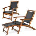 Patio Rattan Folding Lounge Chair with Acacia Wooden Frame Retractable Footrest Set of 2 - Color: Brown