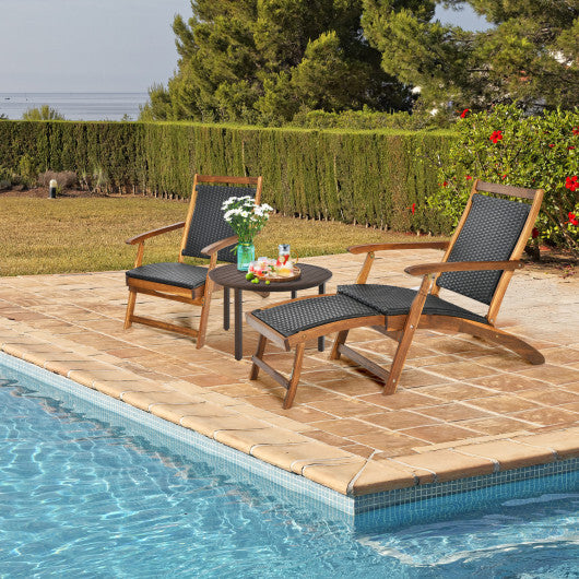 Patio Rattan Folding Lounge Chair with Acacia Wooden Frame Retractable Footrest Set of 2 - Color: Brown