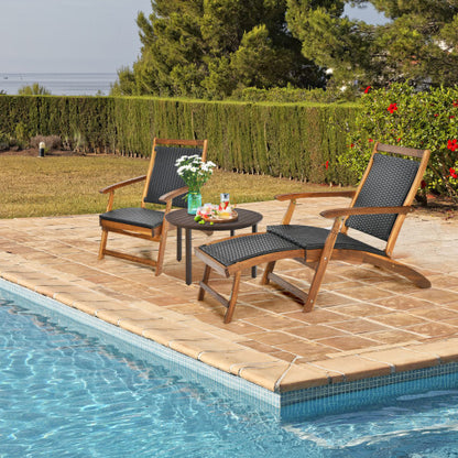 Patio Rattan Folding Lounge Chair with Acacia Wooden Frame Retractable Footrest Set of 2 - Color: Brown