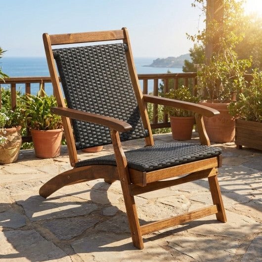 Patio Rattan Folding Lounge Chair with Acacia Wooden Frame Retractable Footrest Set of 2 - Color: Brown