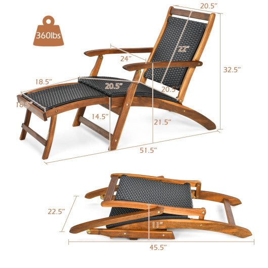 Patio Rattan Folding Lounge Chair with Acacia Wooden Frame Retractable Footrest Set of 2 - Color: Brown