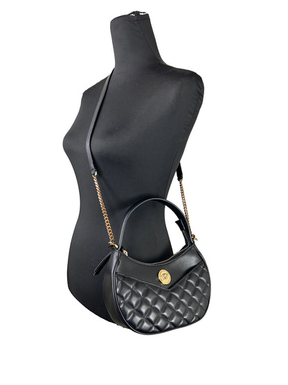 Versace Quilted Black Leather Half Moon Chain Crossbody Bag