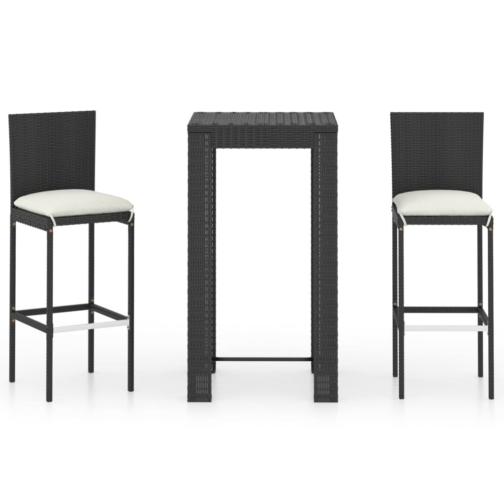 3 Piece Patio Bar Set with Cushions Poly Rattan Black