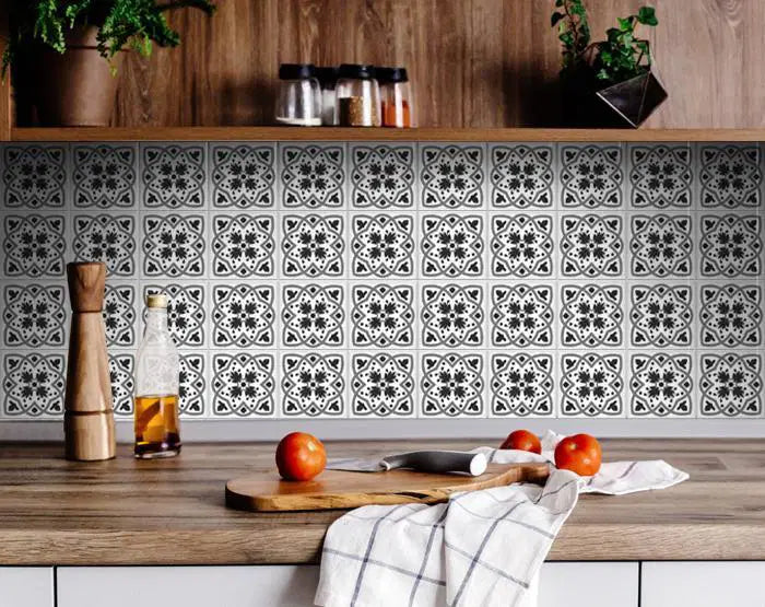 4" X 4" Charcoal And White Scroll Peel And Stick Removable Tiles