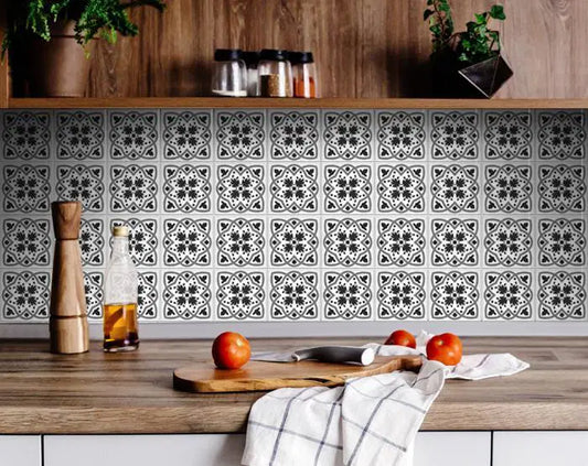4" X 4" Charcoal And White Scroll Peel And Stick Removable Tiles