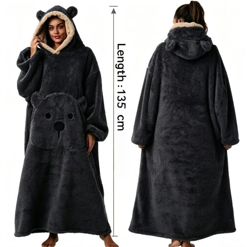 Long Length Bear Fleece Hooded Blanket with Sleeves Extra Thick Warm Wearable TV Throw for Adults Home Sleepwear Couch