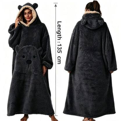 Long Length Bear Fleece Hooded Blanket with Sleeves Extra Thick Warm Wearable TV Throw for Adults Home Sleepwear Couch