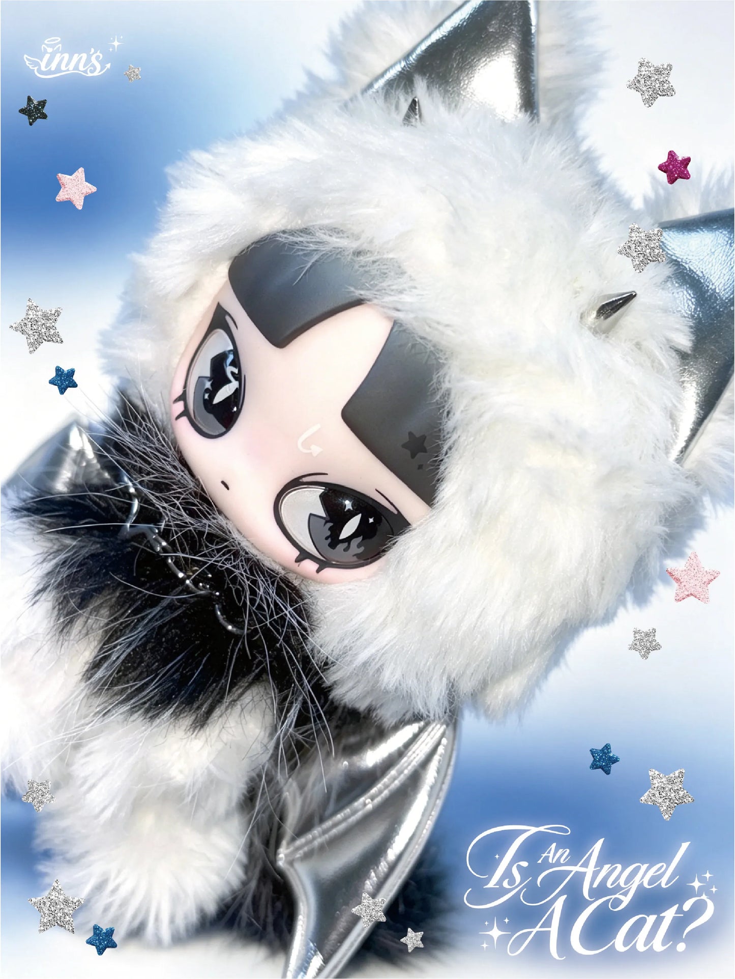 Original Inn'S Is An Angel A Cat Plush Doll Silver Wing Cat Ear Vinyl Face Doll Collectible Toy Pendant Ornament Home Decoration