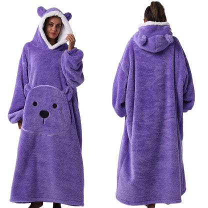 Long Length Bear Fleece Hooded Blanket with Sleeves Extra Thick Warm Wearable TV Throw for Adults Home Sleepwear Couch