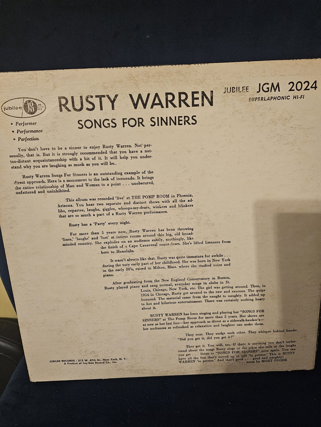 Music Rusty Warren- Songs for Sinners 1961 JGM-2034 Vinyl 12'' Vintage