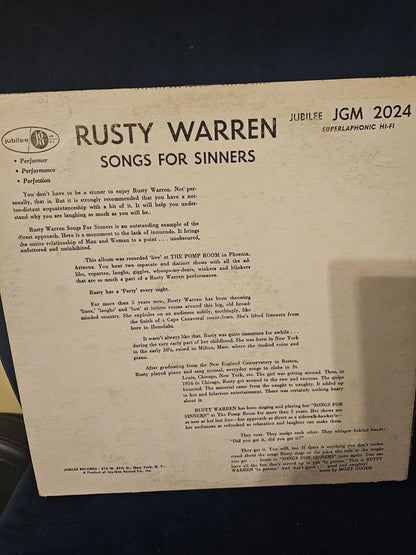 Music Rusty Warren- Songs for Sinners 1961 JGM-2034 Vinyl 12'' Vintage