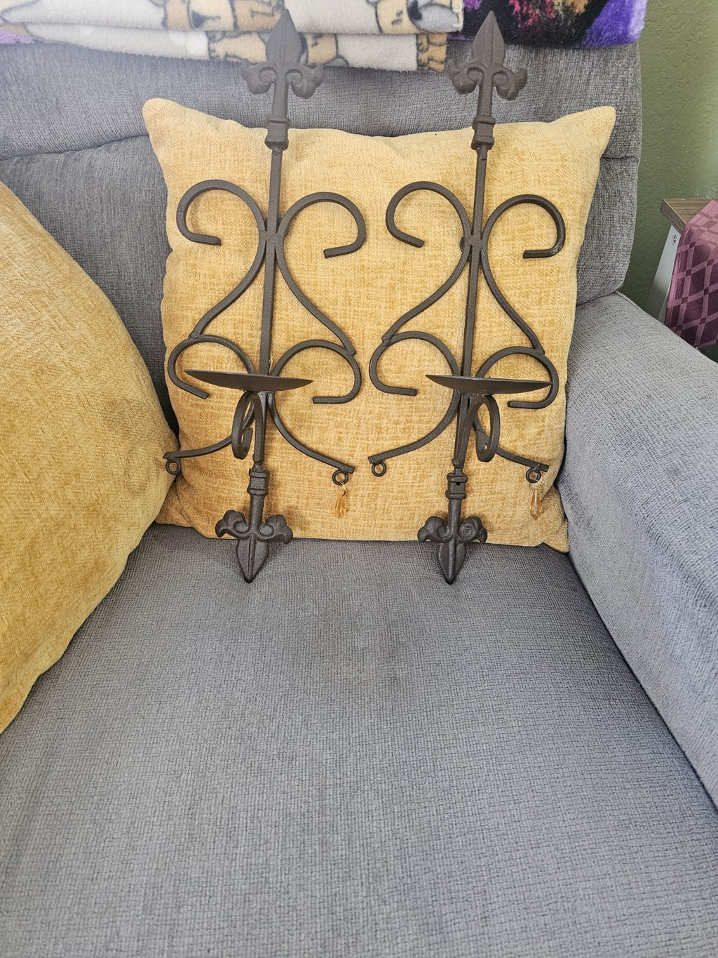 Fleur de Lis Beautiful Brown, handcrafted Wrought Iron Wall Sconces Set