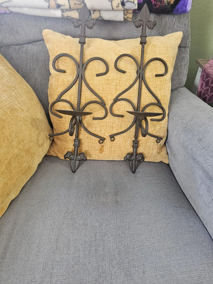 Fleur de Lis Beautiful Brown, handcrafted Wrought Iron Wall Sconces Set