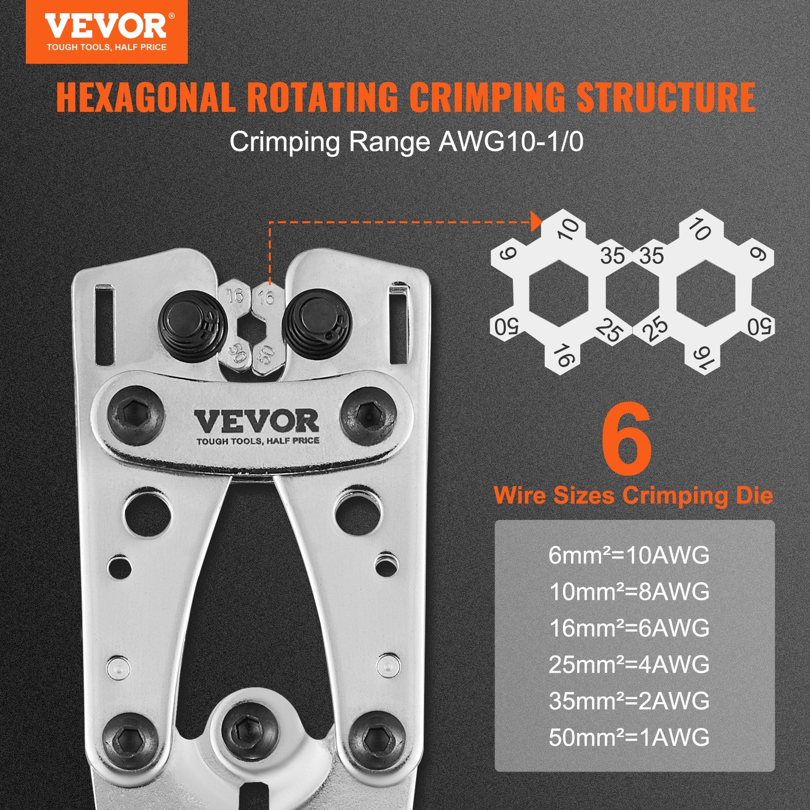 VEVOR Crimping Tool, AWG Copper And Aluminum Terminal Battery Lug Crimper, 6 Wir
