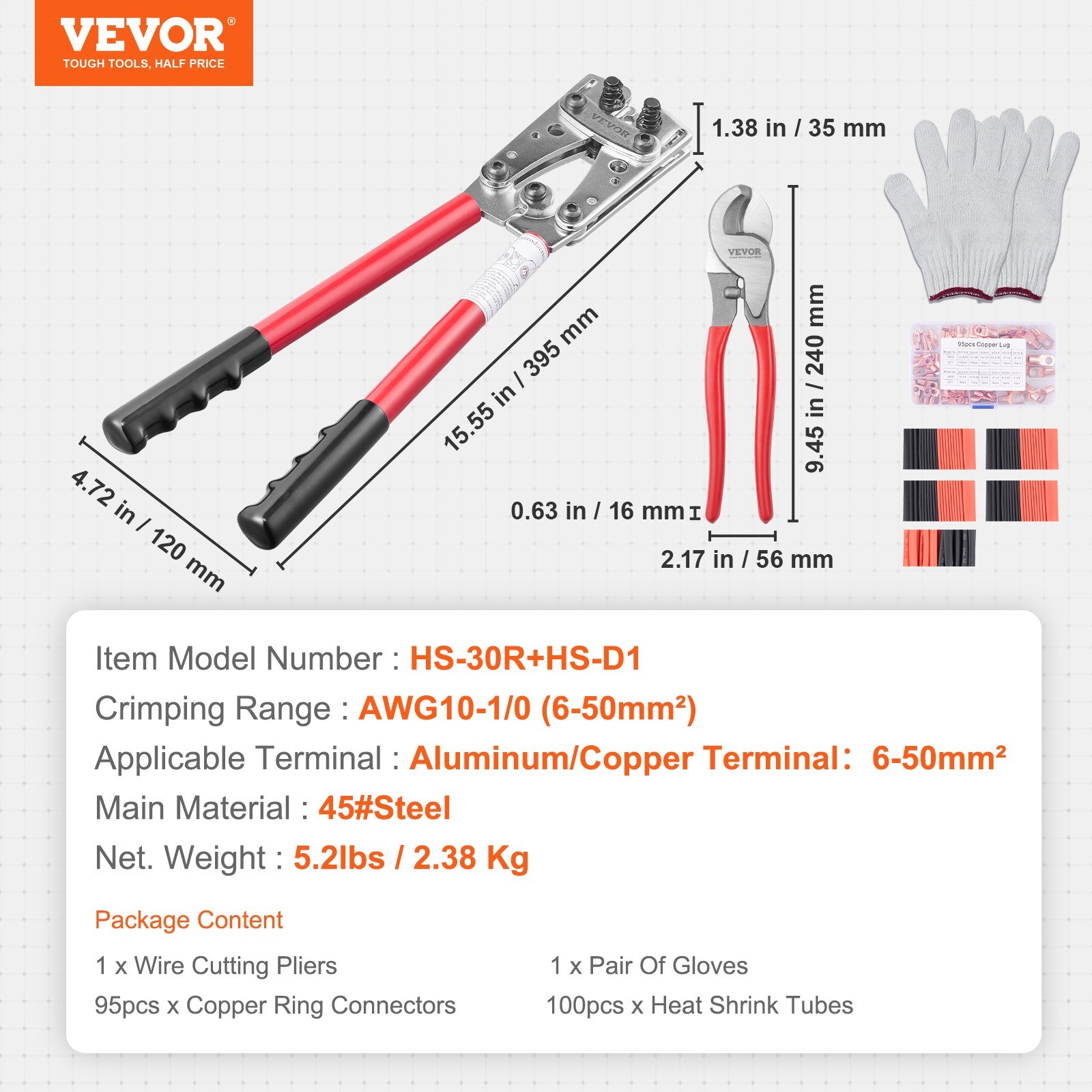 VEVOR Crimping Tool, AWG Copper And Aluminum Terminal Battery Lug Crimper, 6 Wir