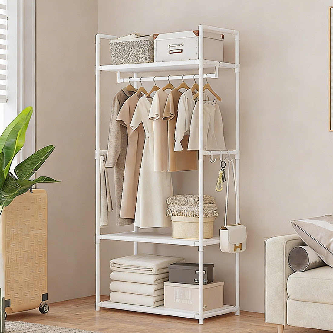 Multifunctional Clothes Rail Garment Hanging Stand Shoe Rack Home Storage Shelf 