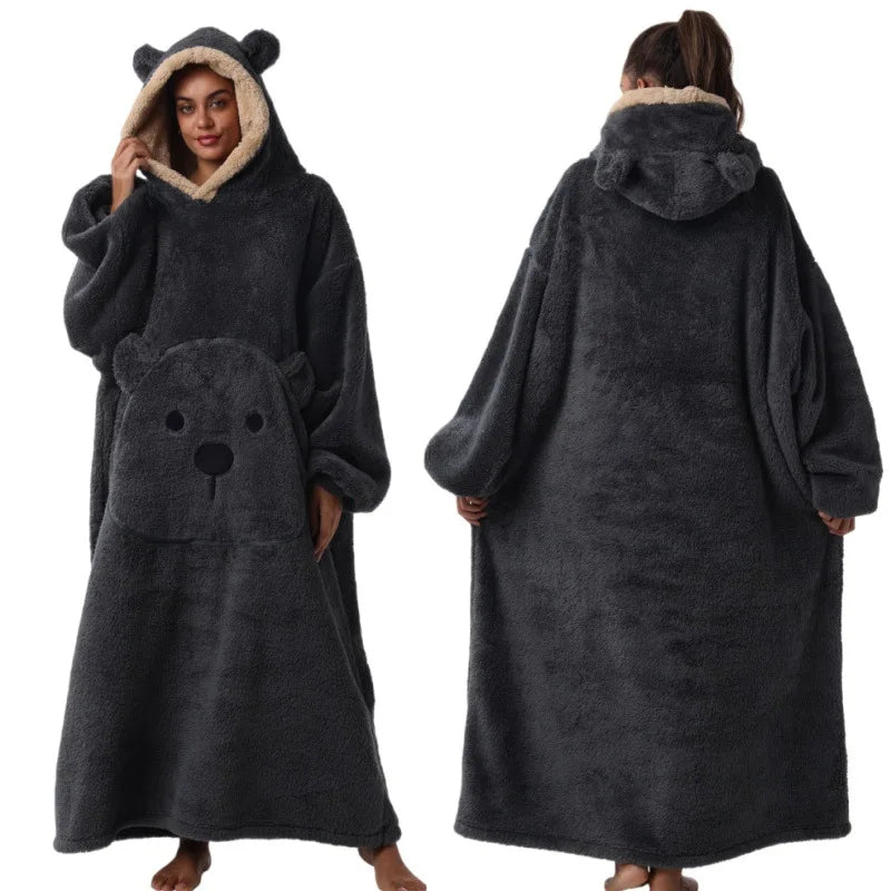 Long Length Bear Fleece Hooded Blanket with Sleeves Extra Thick Warm Wearable TV Throw for Adults Home Sleepwear Couch