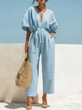 Fashionable V-Neck Solid Color Cotton-Linen Jumpsuit For Women