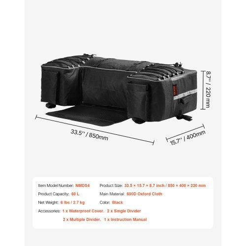 ATV Rear Storage Bag, 60L ATV Rear Cargo Storage Bag with Backrest & Waterproof Cover, 600D Oxford Cloth Rear Seat Gear Bag Fit Most ATVs with Rear Rack, Compatible with ATV, UTV, Can-Am Vehicle