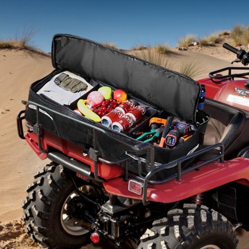 ATV Rear Storage Bag, 60L ATV Rear Cargo Storage Bag with Backrest & Waterproof Cover, 600D Oxford Cloth Rear Seat Gear Bag Fit Most ATVs with Rear Rack, Compatible with ATV, UTV, Can-Am Vehicle
