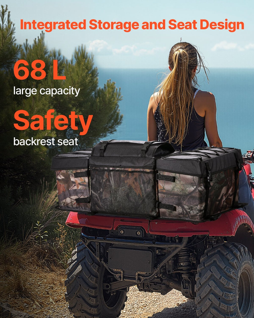 ATV Rear Storage Bag, 68L ATV Rear Cargo Bag with Sponge Seat Cushion & Bottle Holder, 600D Oxford Cloth Storage Rear Rack Seat Bag Fit Most ATVs with Rear Rack, Compatible with ATV, UTV, Can-Am