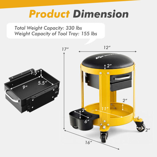 Rolling Mechanic Stool with Removable Padded Seat and Drawers-Yellow - Color: Yellow