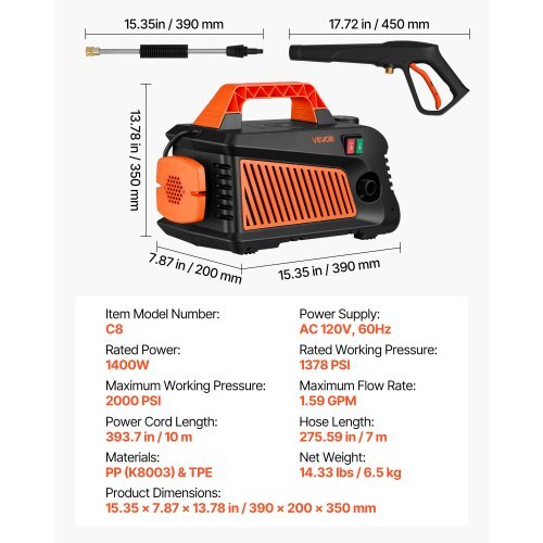 Electric Pressure Washer, 2000 Max PSI 1.59 Max GPM, Portable Power Washer with 4 Nozzles, Metal Extension Wand, Built-in Carry Handle, Compact & Flexible for  Cars,Driveways,Patios,Fences,Home