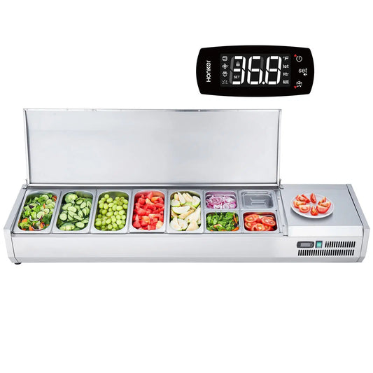 Refrigerated Condiment Prep Station, 160 W Countertop Refrigerated Condiment Station, with 5 1/3 Pans & 4 1/6 Pans, 304 Stainless Body and PC Lid, Sandwich Prep Table with Stainless Guard, ETL