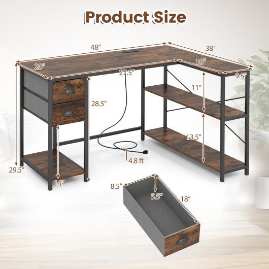 L Shaped Desk with Charging Station Corner Computer Desk with 2 Fabric Drawers-Rustic Brown - Color: Rustic Brown
