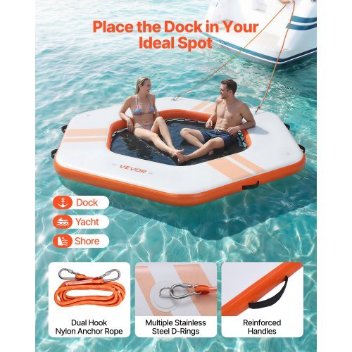 Inflatable Floating Dock, 8.5x8.5 FT Inflatable Dock Platform, Non-Slip Water Mat with Portable Carrying Bag & Detachable Ladder, Floating Water Platform Island Raft for Pool Beach Ocean, Orange
