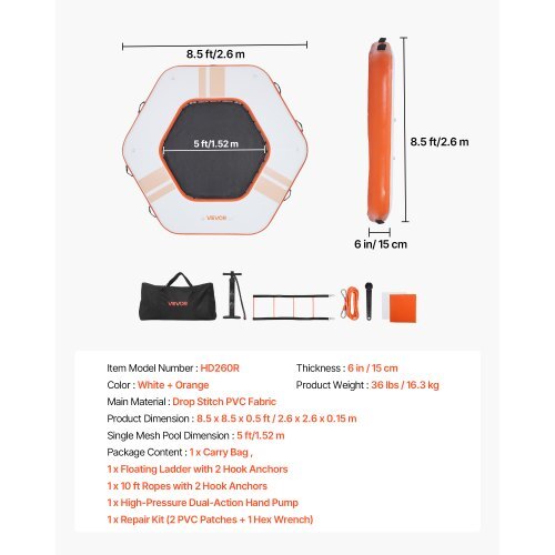 Inflatable Floating Dock, 8.5x8.5 FT Inflatable Dock Platform, Non-Slip Water Mat with Portable Carrying Bag & Detachable Ladder, Floating Water Platform Island Raft for Pool Beach Ocean, Orange